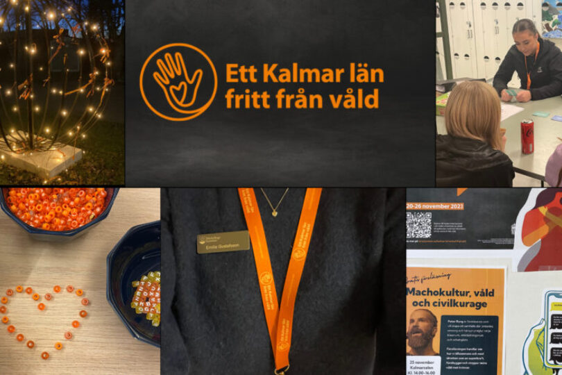 Ett kollage med bilder- Pärlor i orange och några ungdomar som pratar.