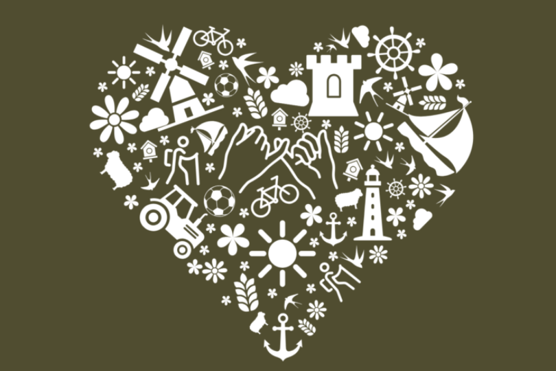 Ett hjärta med olika symboler för Öland mot en mörkgrön bakgrund.
