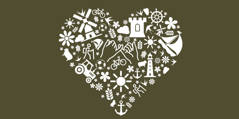 Ett hjärta med olika symboler för Öland mot en mörkgrön bakgrund.