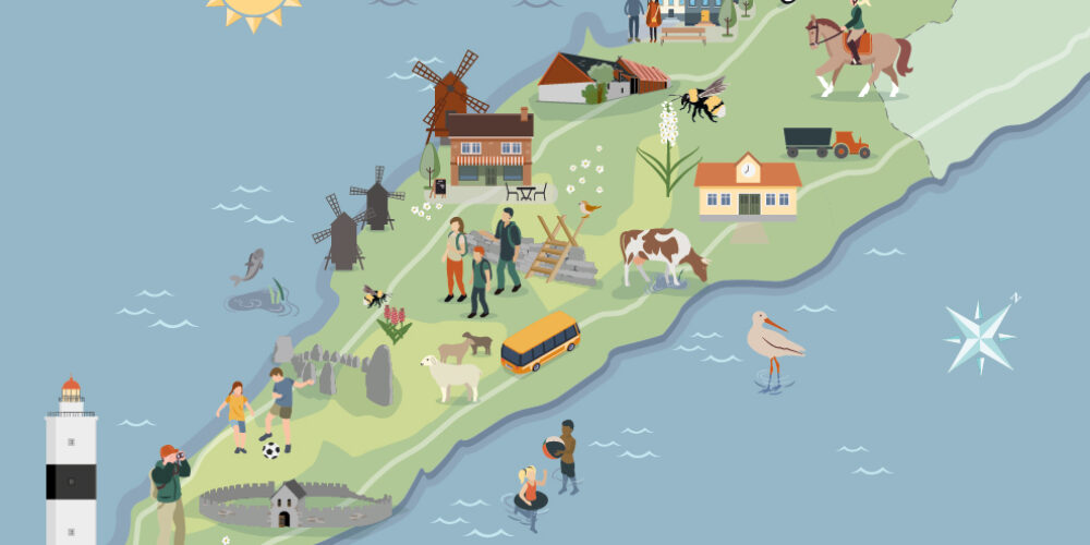 En färgglad illustrerad karta över Mörbylånga kommun med utmarkerade platser.