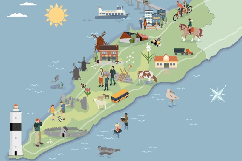 En färgglad illustrerad karta över Mörbylånga kommun med utmarkerade platser.