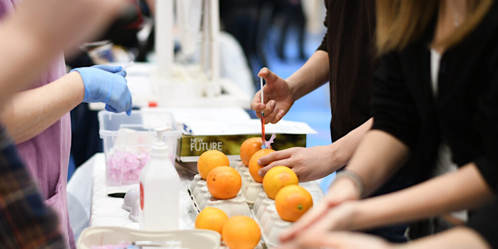 Några elever testar sprutor på apelsiner.