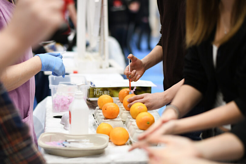 Några elever testar sprutor på apelsiner.