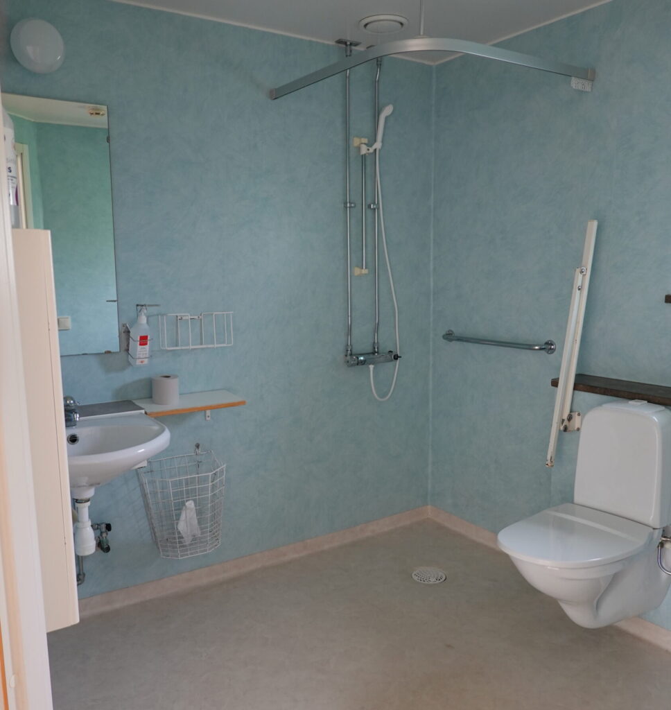 Ledigt rum, bild över badrummet med toalett, dusch och handfat.