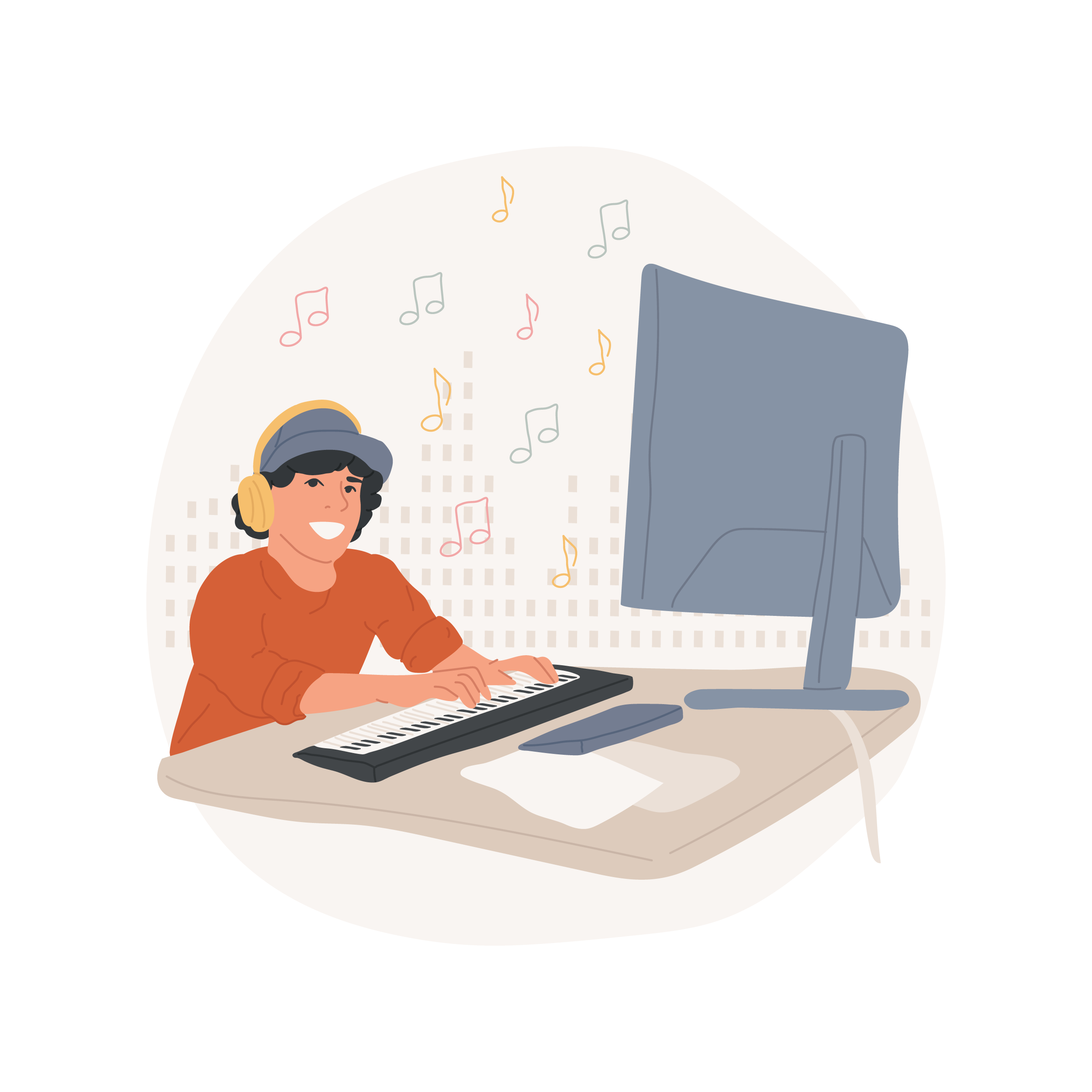 Illustrerad bild på en pojke som sitter framför en dator och programmerar elektronisk musik.