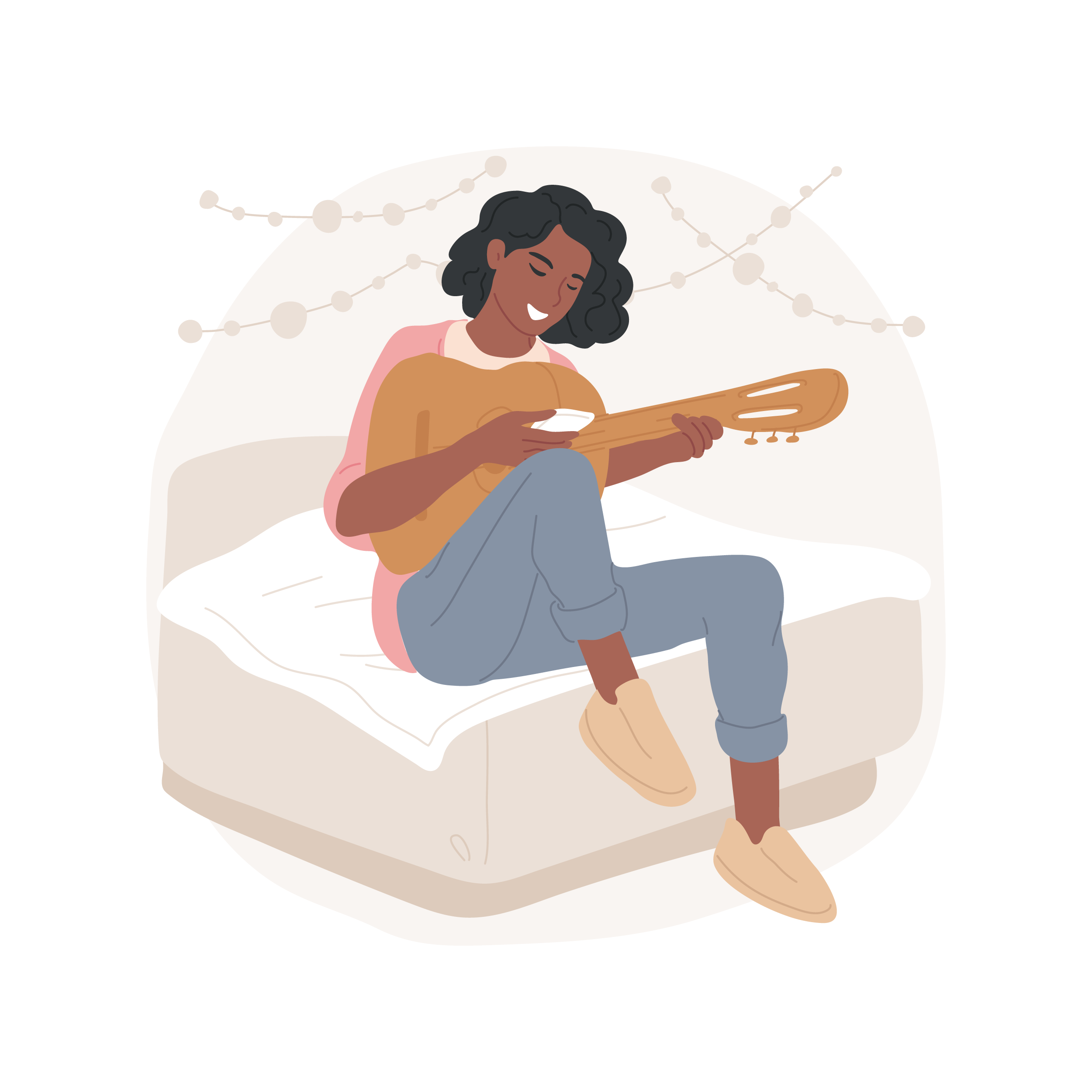 Illustrerad bild på en mörkhyad tjej som sitter på kanten av sängen och spelar gitarr.