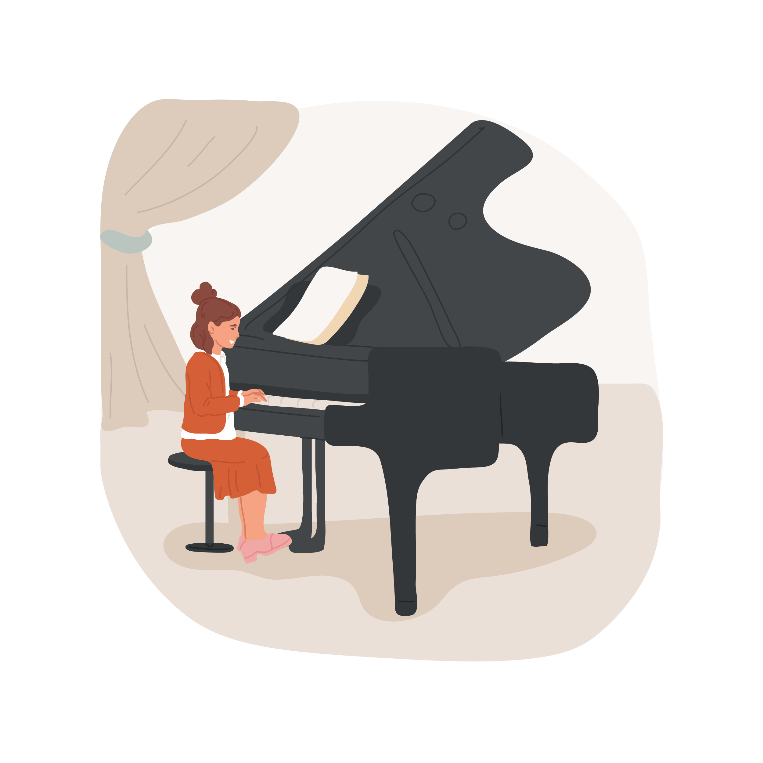 Illustrarad bild på en tjej i brunt hår som spelar piano på en flygel.