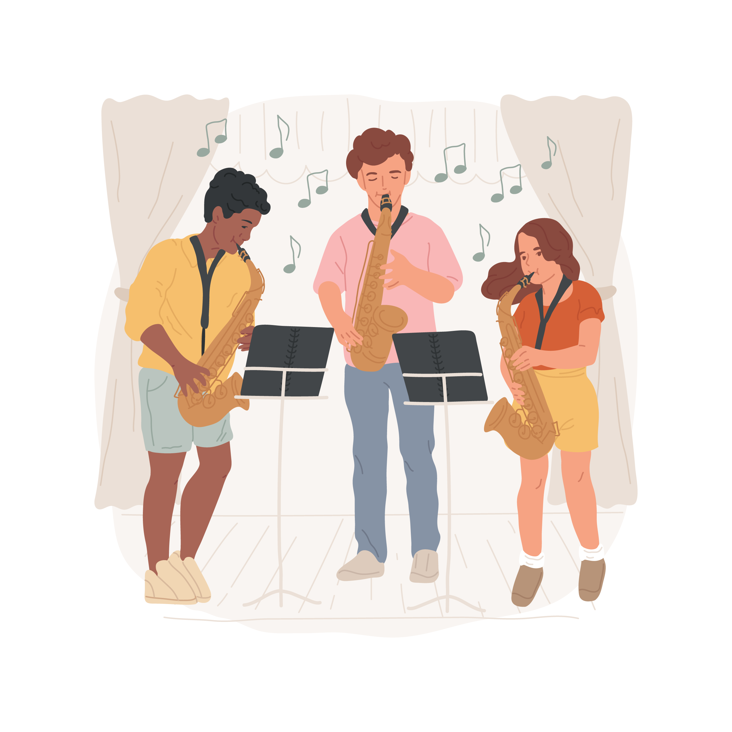 Illustration med en flicka och två pojkar spelar saxofon.