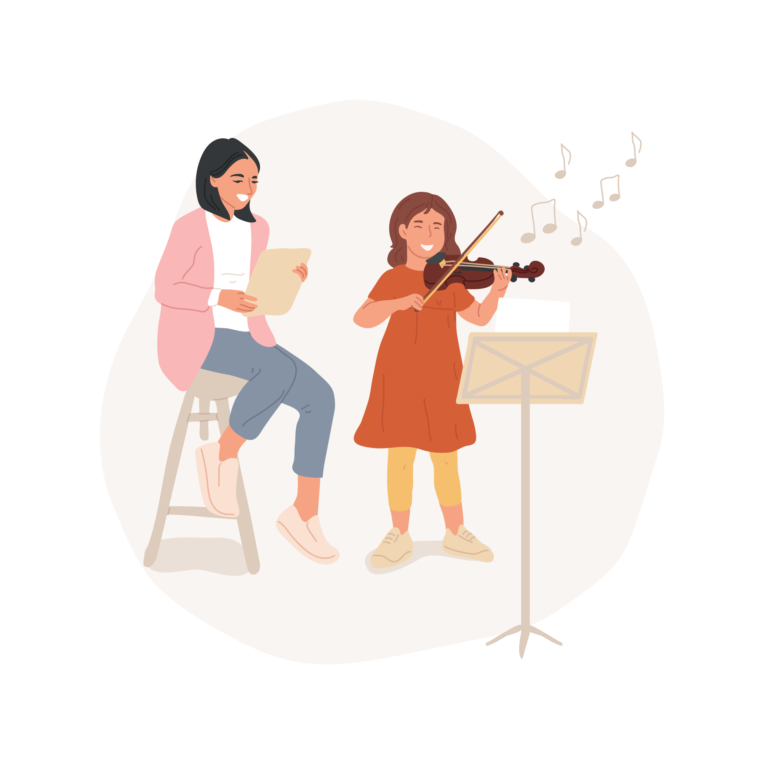 En illustration med en kvinna och en flicka som spelar violin.