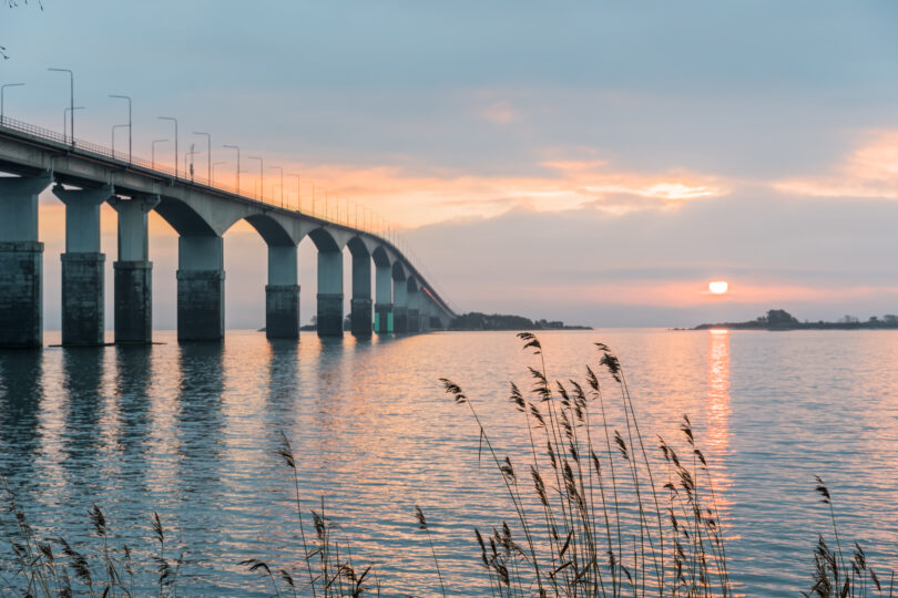 Ölandsbron i soluppgång, sett från Ölandssidan. I förgrunden syns vass.