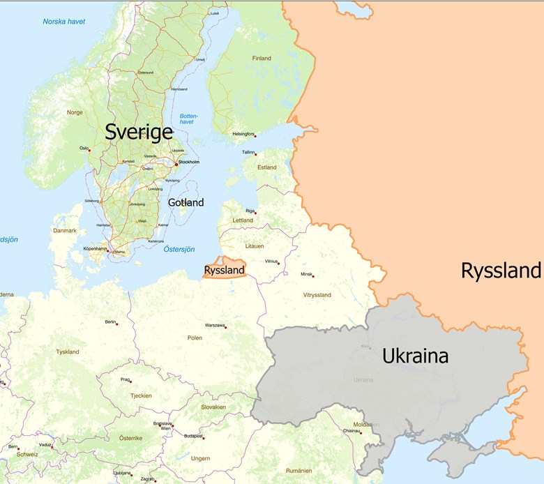 En karta med Sverige, Ryssland och Ukraina. Karta: MSB