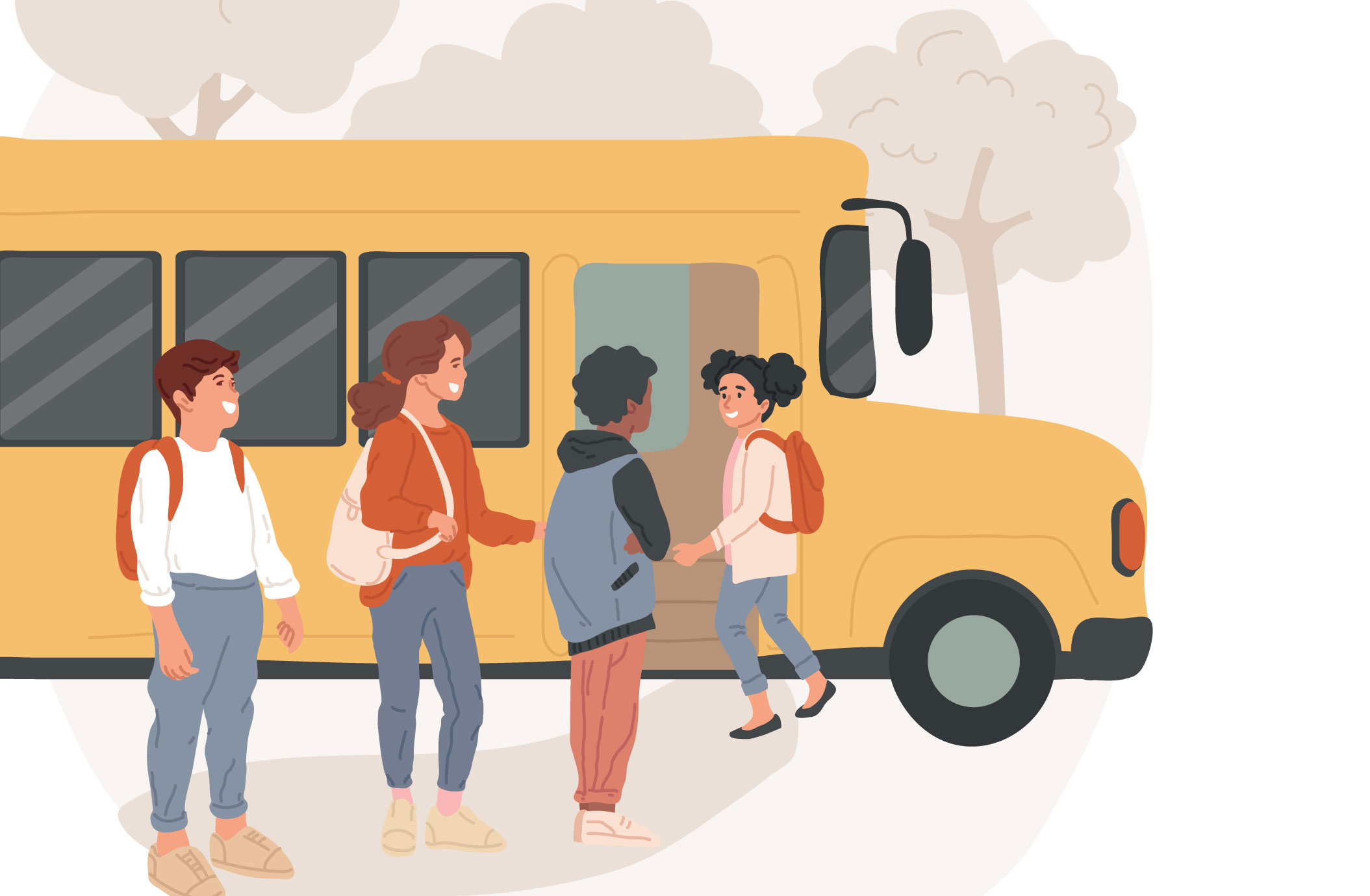 Illustrationen visar en gul skolbuss och några skolbarn som har ryggsäckar på sig går på bussen.