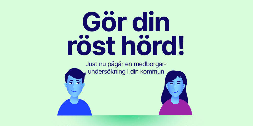 Illustration föreställande en man och en kvinna i en färgskala av blått och lila, mot en ljusgrön bakgrund och texten Gör din röst hörd, i mörkblå färg. I vänstra hörnet SCB:s logga.