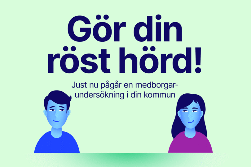 Illustration föreställande en man och en kvinna i en färgskala av blått och lila, mot en ljusgrön bakgrund och texten Gör din röst hörd, i mörkblå färg. I vänstra hörnet SCB:s logga.
