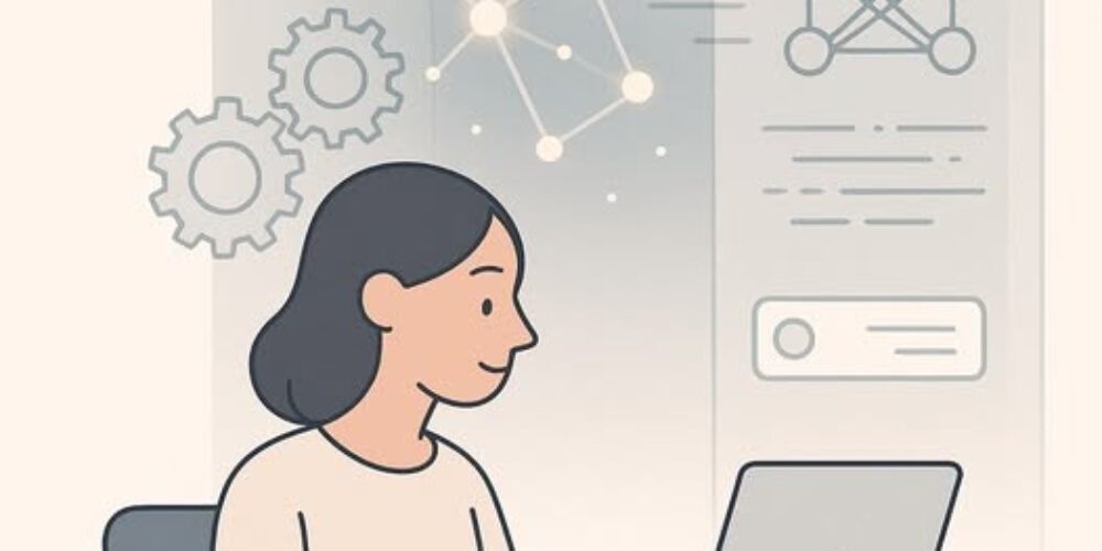 En illustration av en kvinna som sitter vid sin laptop och i bakgrunden syns symboler för teknik, framtid och utveckling.