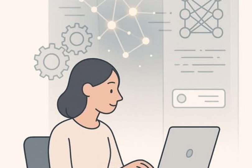 En illustration av en kvinna som sitter vid sin laptop och i bakgrunden syns symboler för teknik, framtid och utveckling.