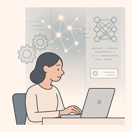 En illustration av en kvinna som sitter vid sin laptop och i bakgrunden syns symboler för teknik, framtid och utveckling.