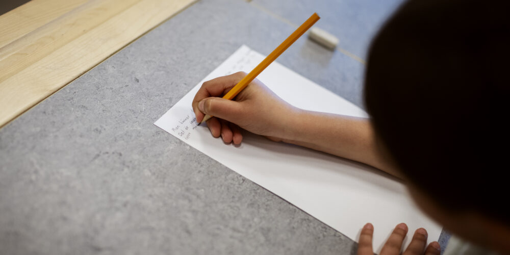 en person som fyller i ett papper med en penna