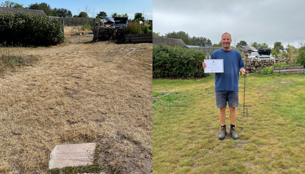 Vinnande bidraget - en torr gul gräsmatta tillsammans med ägaren Uwe Deschenhalm. Fotograf/Källa: Uwe Deschenhalm