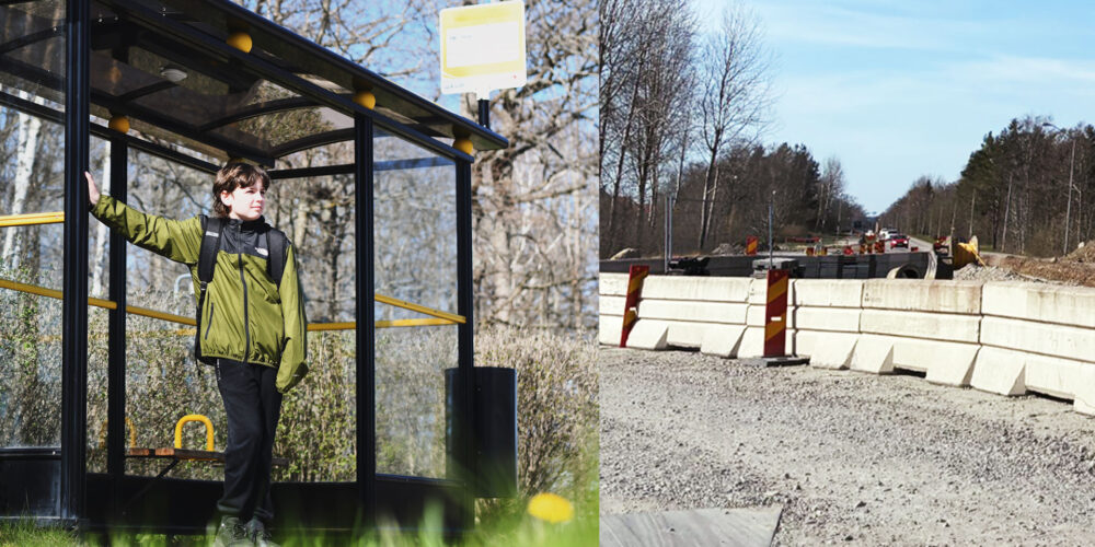 Ett montage av två bilder där en pojke står i en busskur och en bild från byggarbetsplats.