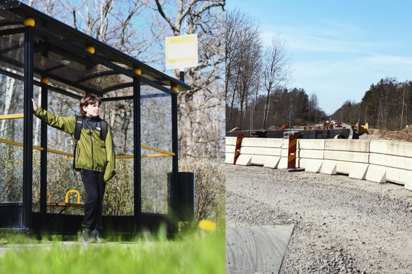 Ett montage av två bilder där en pojke står i en busskur och en bild från byggarbetsplats.