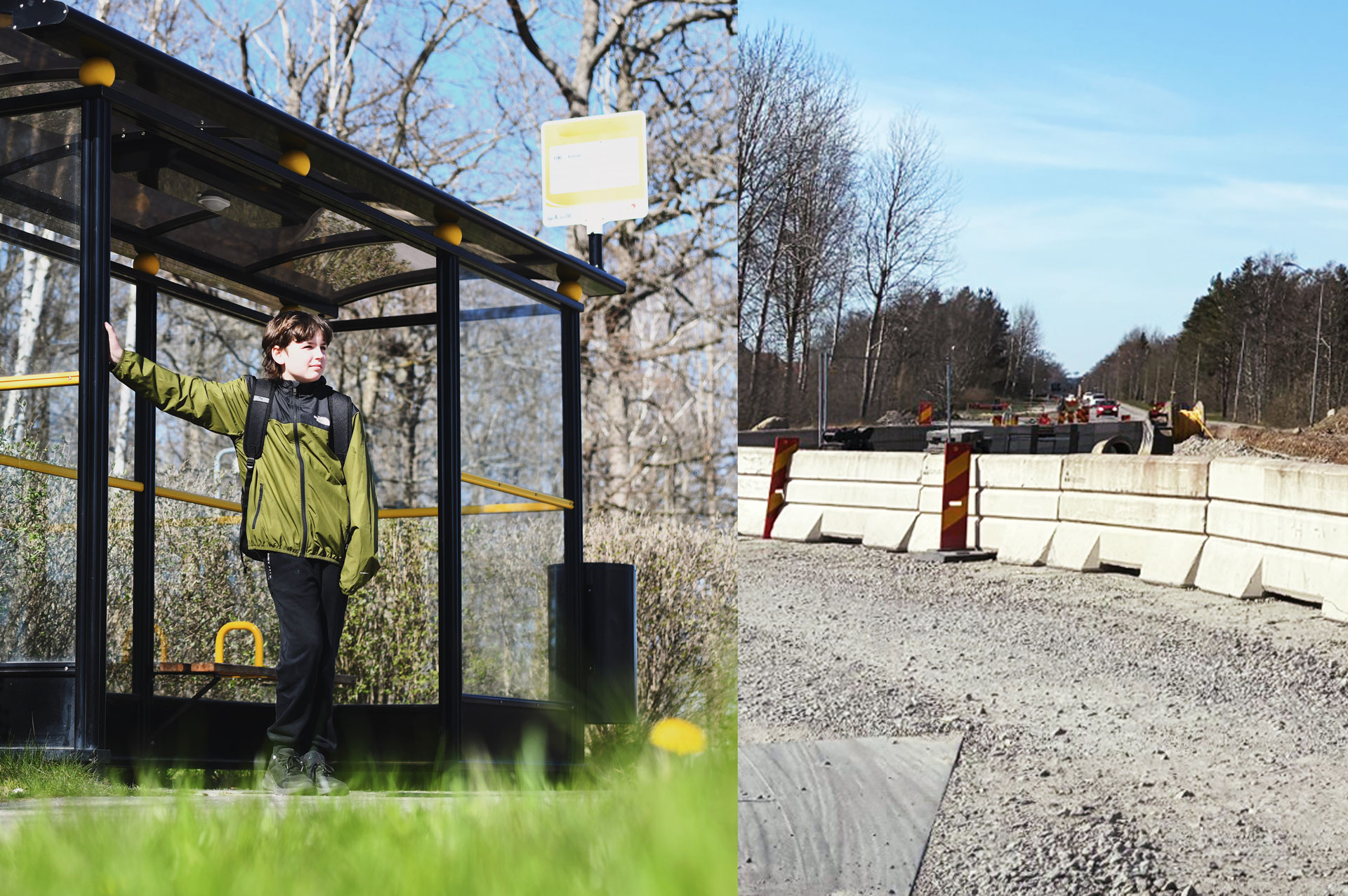 Ett montage av två bilder där en pojke står i en busskur och en bild från byggarbetsplats.