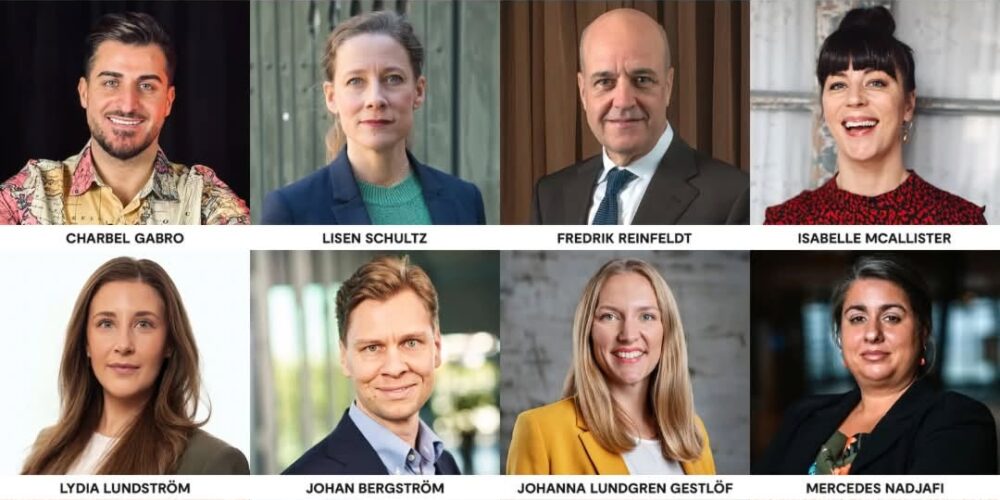 Evenemangsposter presenterar “A Sustainable Tomorrow 10 september 2026” och temat “Resiliens – Ekonomisk, social och ekologisk motståndskraft i polykrisernas tid”, med porträtt på talarna: Charbel Gabro, Lisen Schultz, Fredrik Reinfeldt, Isabelle McAllister, Lydia Lundström, Johan Bergström, Johanna Lundgren Gestlöf, Mercedes Nadjafi, Christian Orsing, Anna Engqvist, Emma Westerlund, Catarina Rolfsdotter-Jansson.