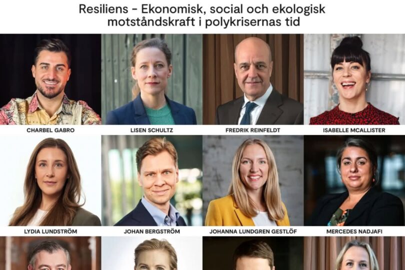 Evenemangsposter presenterar “A Sustainable Tomorrow 10 september 2026” och temat “Resiliens – Ekonomisk, social och ekologisk motståndskraft i polykrisernas tid”, med porträtt på talarna: Charbel Gabro, Lisen Schultz, Fredrik Reinfeldt, Isabelle McAllister, Lydia Lundström, Johan Bergström, Johanna Lundgren Gestlöf, Mercedes Nadjafi, Christian Orsing, Anna Engqvist, Emma Westerlund, Catarina Rolfsdotter-Jansson.