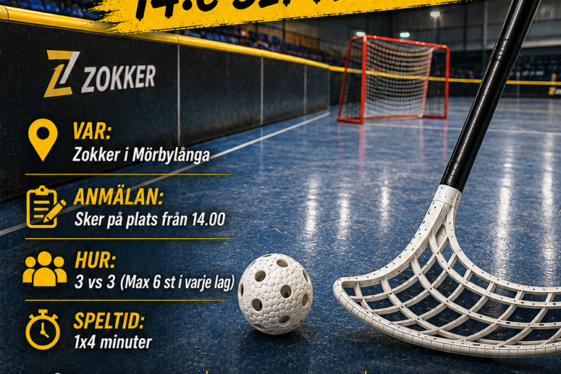 Affisch för “FRITIDSGÅRDENS INNEBANDY TURNERING” den “14:e SEPTEMBER”. Visar en innebandyklubba och boll på hallgolv framför ett mål. Text: Var: Zokker i Mörbylånga. Anmälan på plats från 14.00. 3 vs 3 (Max 6 st i varje lag). Speltid: 1x4 minuter. En rad olika aktiviteter, mat, skjuts. Följ QR-koden… “VI SES!” Mörbylånga kommun.