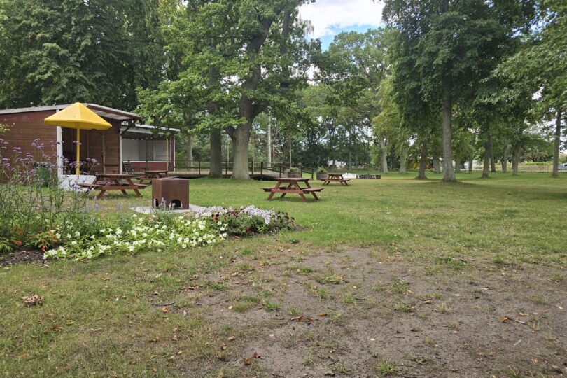 Picknickbord står utspridda på en gräsmatta i en lummig park, intill en liten träbyggnad med gult parasoll. I förgrunden syns en blomrabatt och en eldstad, med höga träd runtom.