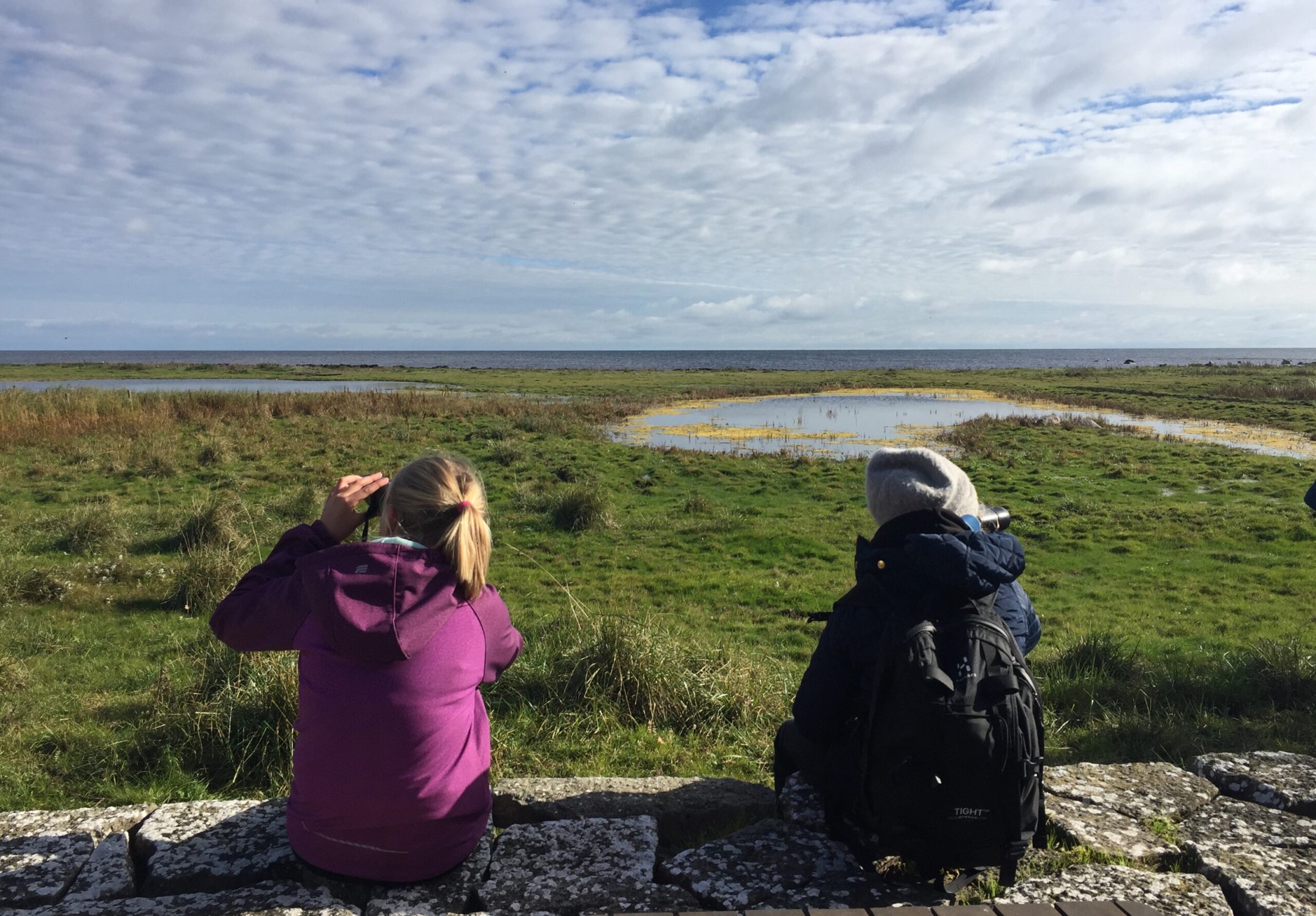 Två personer sitter på en stenmur och spanar med kikare över ett öppet kustlandskap med gräsmarker och en liten damm, mot havet i fjärran under en vid, molnig himmel.