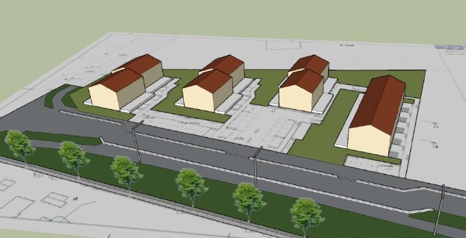 3D-visualisering av bostadsområde med fyra hus i rad på gröna tomter, placerade bakom en väg med trottoar och trädallé. Husen har ljusa fasader och mörkröda tak, med markerade uppfarter och gångvägar.