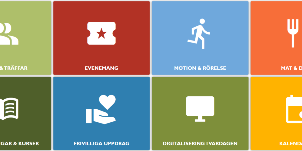 Åtta färgade kategorirutor visar vita ikoner och rubriker: ”MÖTEN & TRÄFFAR”, ”EVENEMANG”, ”MOTION & RÖRELSE”, ”MAT & DRYCK”, ”FÖRELÄSNINGAR & KURSER”, ”FRIVILLIGA UPPDRAG”, ”DIGITALISERING I VARDAGEN” och ”KALENDARIUM”.