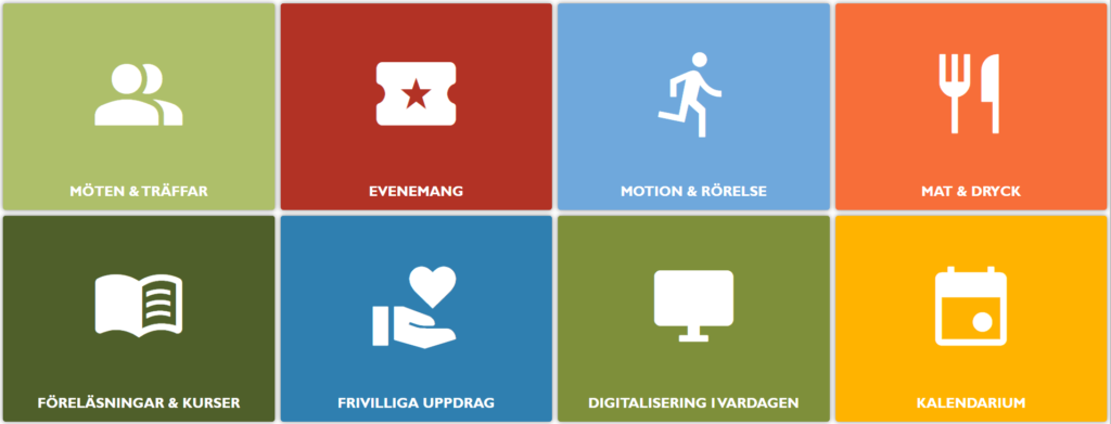 Åtta färgade kategorirutor visar vita ikoner och rubriker: ”MÖTEN & TRÄFFAR”, ”EVENEMANG”, ”MOTION & RÖRELSE”, ”MAT & DRYCK”, ”FÖRELÄSNINGAR & KURSER”, ”FRIVILLIGA UPPDRAG”, ”DIGITALISERING I VARDAGEN” och ”KALENDARIUM”.