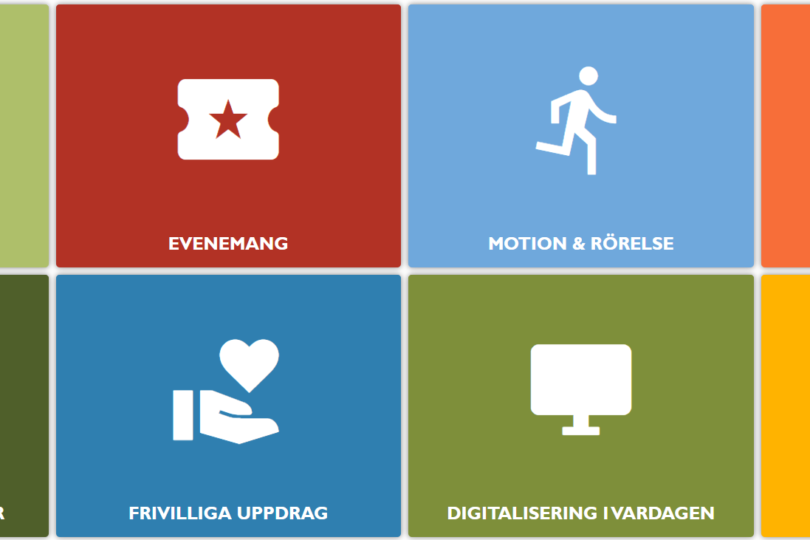 Åtta färgade kategorirutor visar vita ikoner och rubriker: ”MÖTEN & TRÄFFAR”, ”EVENEMANG”, ”MOTION & RÖRELSE”, ”MAT & DRYCK”, ”FÖRELÄSNINGAR & KURSER”, ”FRIVILLIGA UPPDRAG”, ”DIGITALISERING I VARDAGEN” och ”KALENDARIUM”.